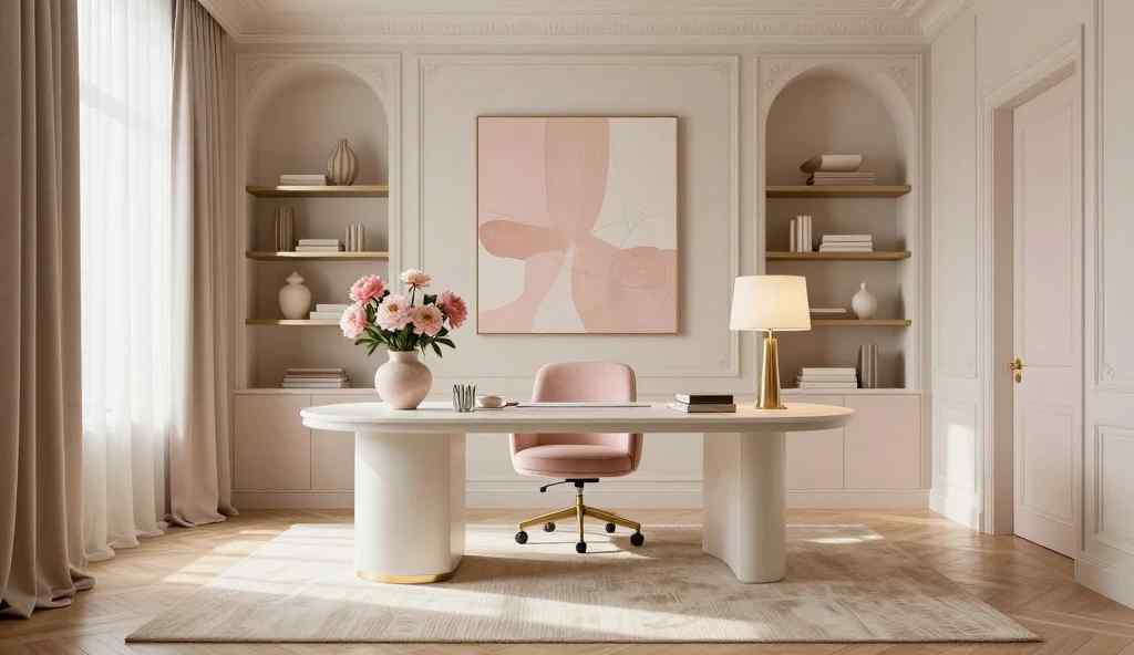 Elegant blush-toned feminine home office with a curved white desk, upholstered chair, built-in shelving, brass accents, and soft natural light.