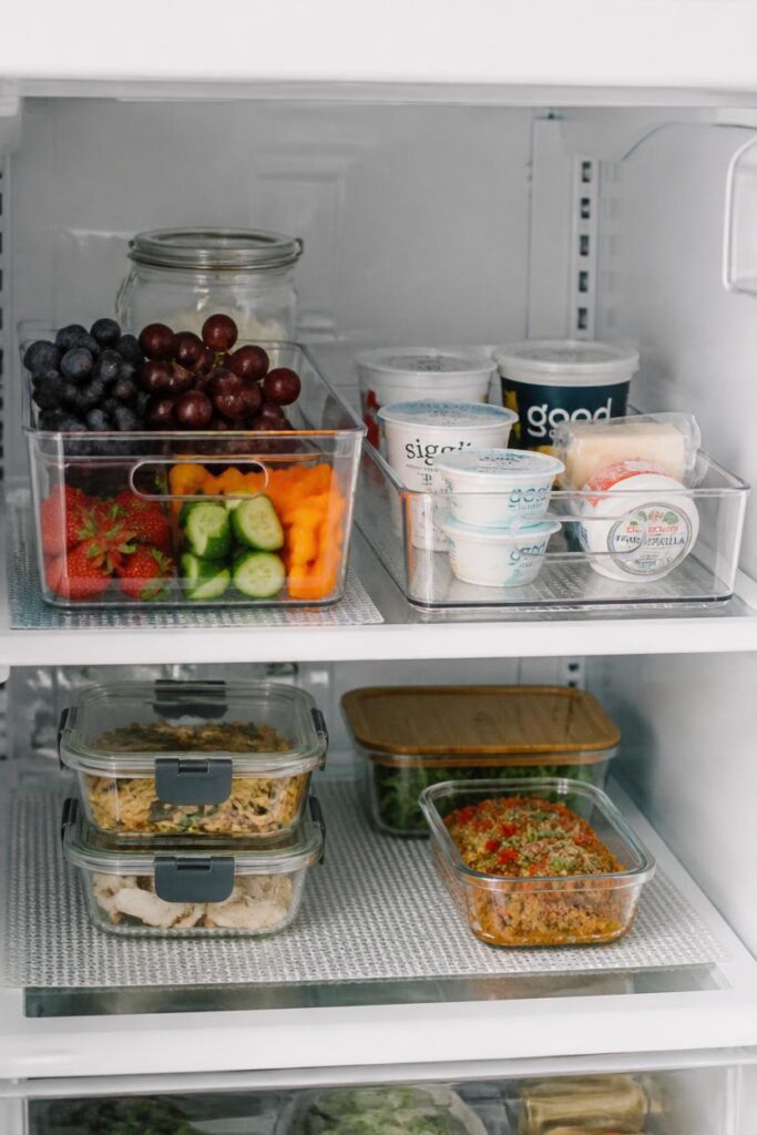 15 Smart Fridge Organization Ideas That Save Space and Reduce Food Waste 7 Beautifully organized refrigerator with fresh fruits, vegetables, and clear storage containers arranged for easy meal prep.