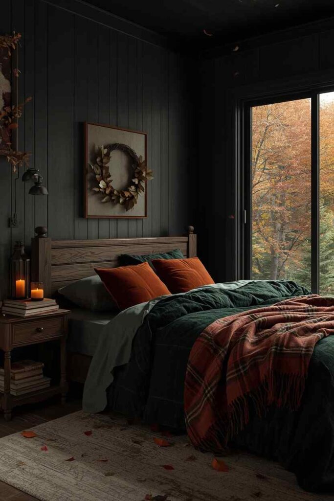 Moody cabin-inspired fall bedroom featuring dark wood, warm lighting and cozy autumn atmosphere