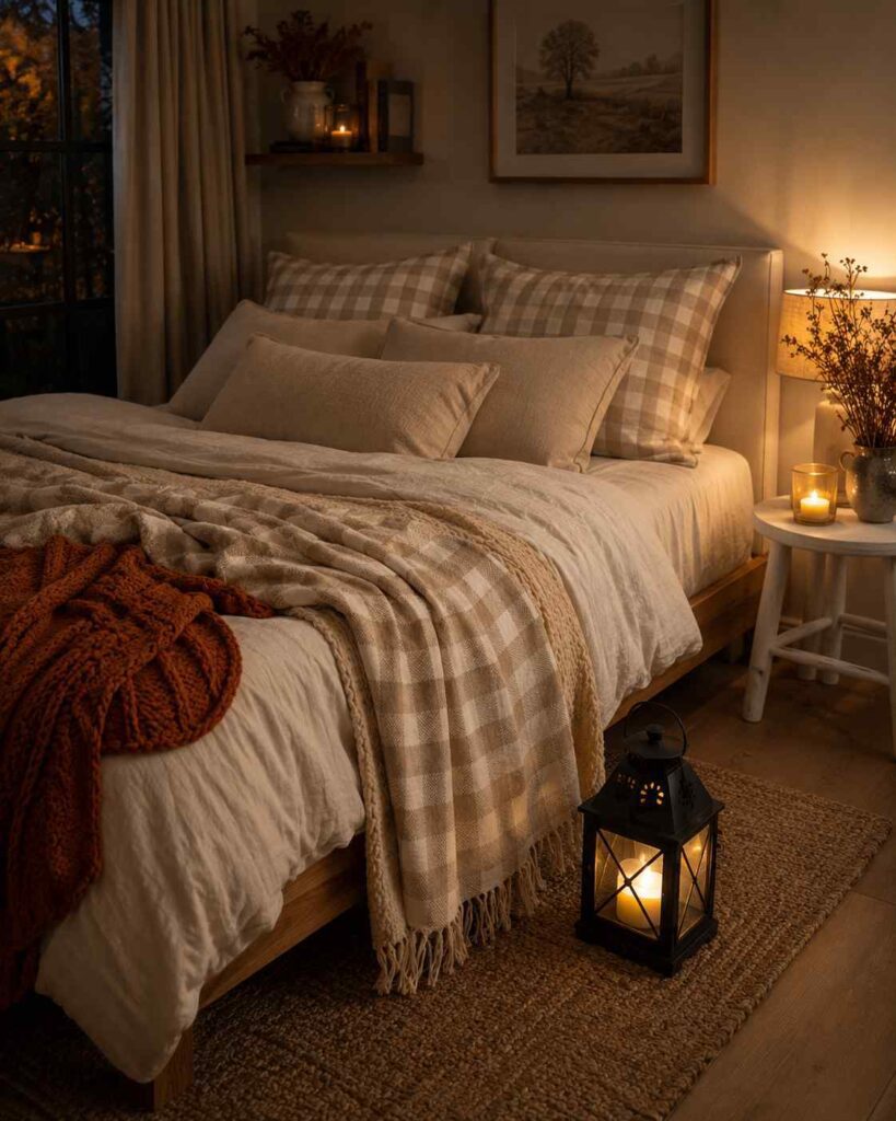 Cozy autumn nightstand styled with candles, beside the bed
