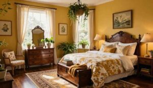 Cozy vintage bedroom with dark wood furniture, floral bedding, mustard walls, antique decor, indoor plants, and warm natural sunlight.