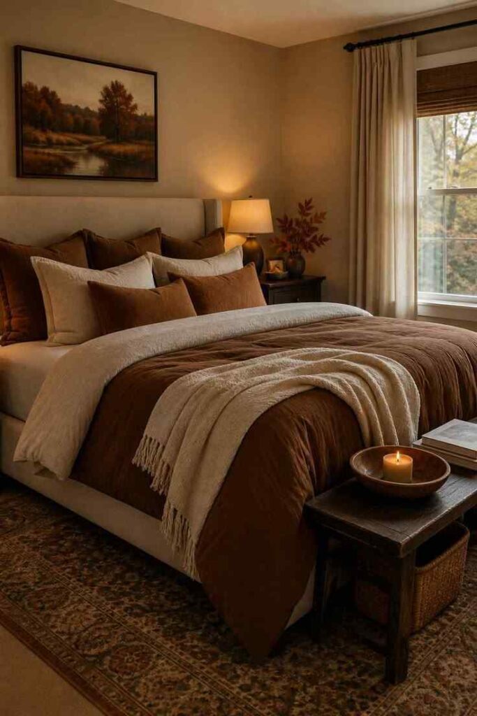 Earth tone fall bedroom featuring layered bedding in warm brown, beige and rust colors