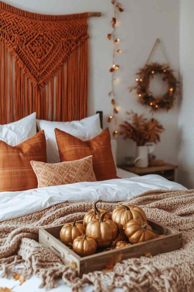 Warm neutral boho fall bedroom with cozy knit blankets, textured pillows, pumpkins and soft autumn decor